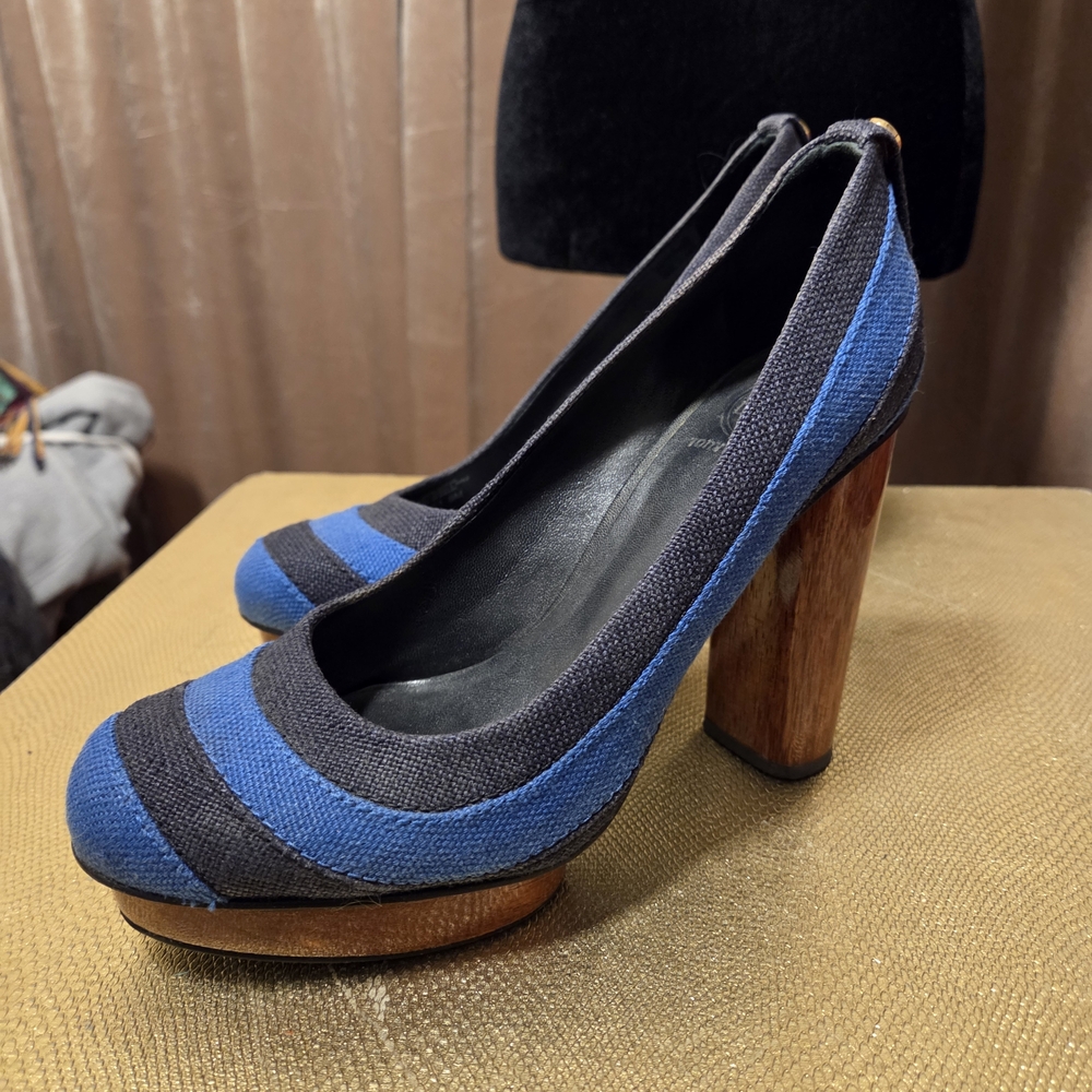 Tory Burch Striped Blue and Black Heels